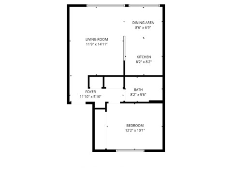 A floor plan of a house with a living room, dining area, kitchen, bath, foyer, and bedroom.