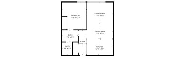 A floor plan of a small apartment with a bedroom, living room, dining area, kitchen, and two bathrooms.