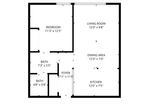 A floor plan of a small apartment with a bedroom, living room, dining area, kitchen, and two bathrooms.