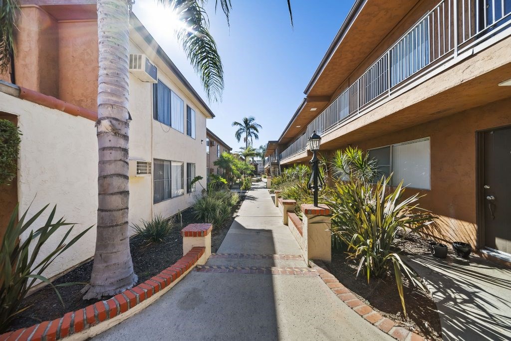 A sunny day in a quiet residential street with a palm tree on the left.