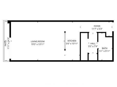 A floor plan of a living space with a living room, kitchen, bath, and foyer.