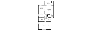 A floor plan of a house with a balcony, living room, dining area, kitchen, bath, laundry, and bedroom.