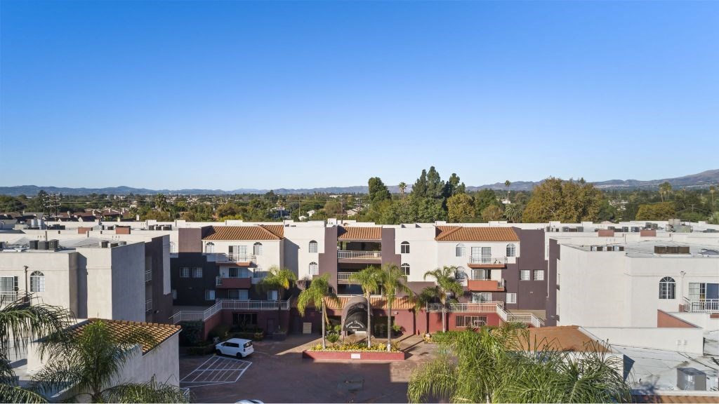 A sunny day in a residential area with houses and palm trees.