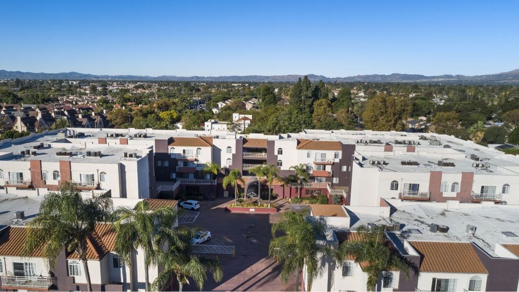 A view of a residential area with houses and palm trees.