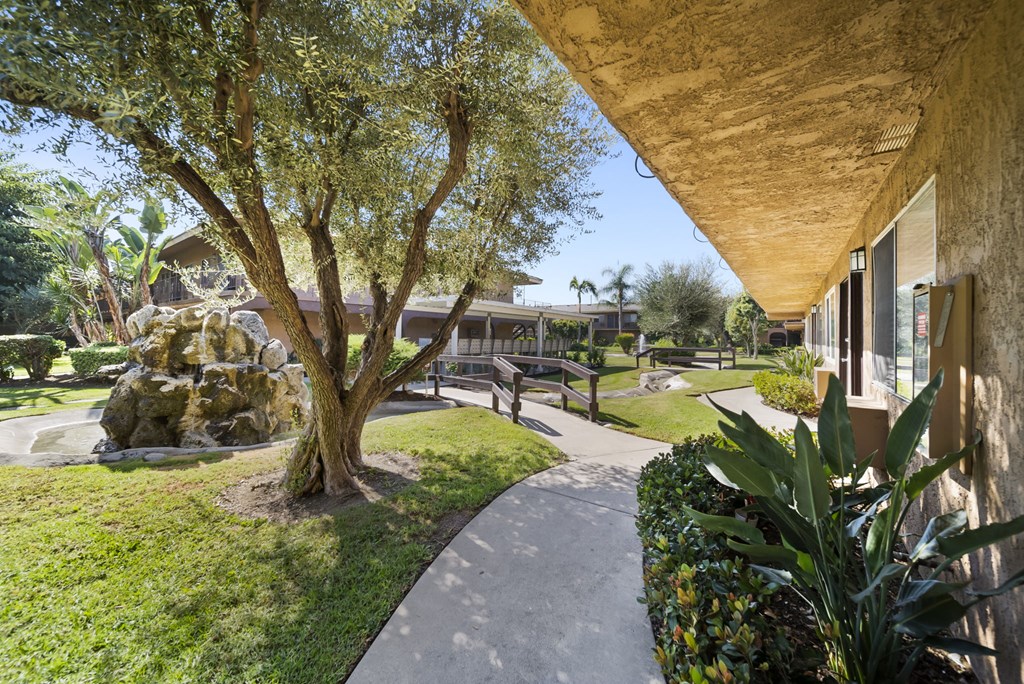 A tree with a rock structure behind it.