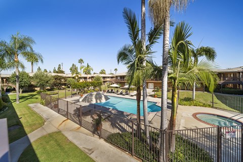 A pool surrounded by a fence with palm trees in the background.