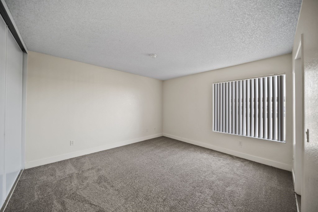A room with a carpeted floor and a window with horizontal blinds.