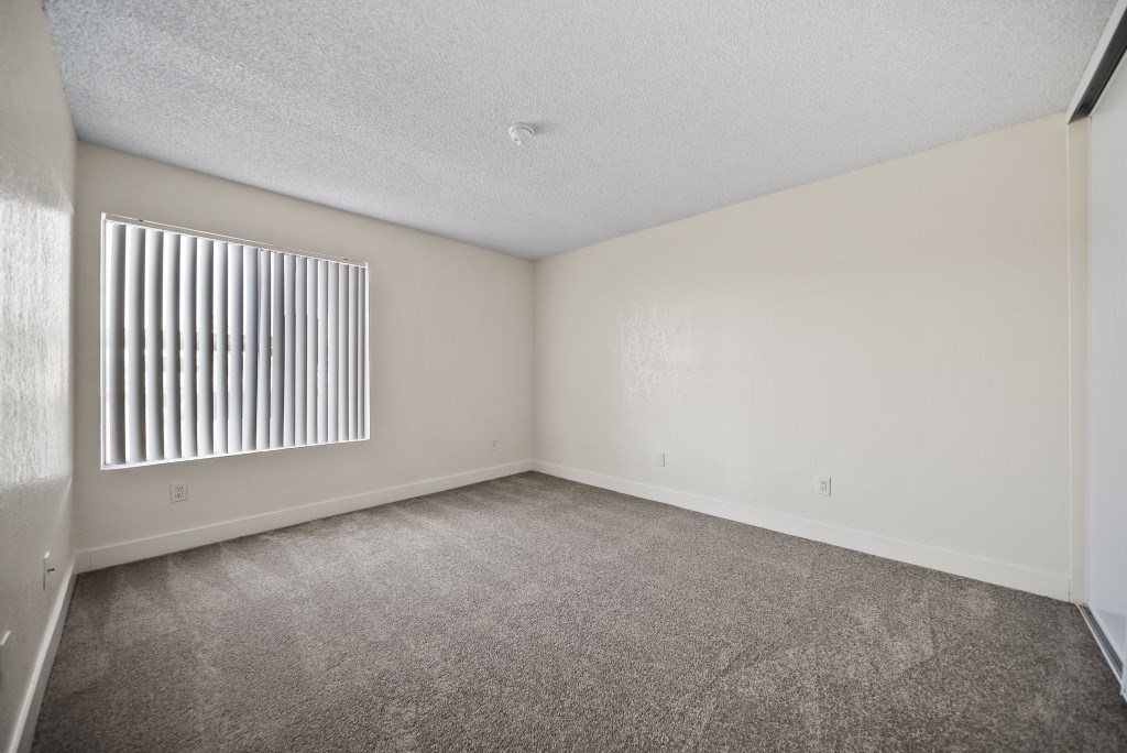 A room with a carpeted floor and a window with blinds.