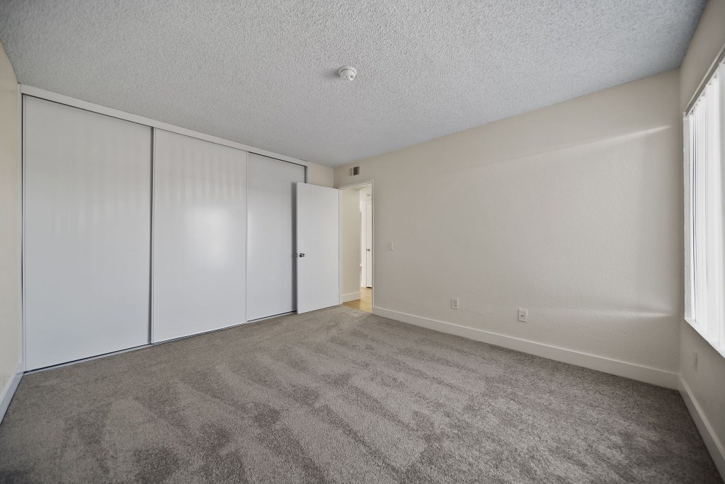 A room with grey carpet and white walls.