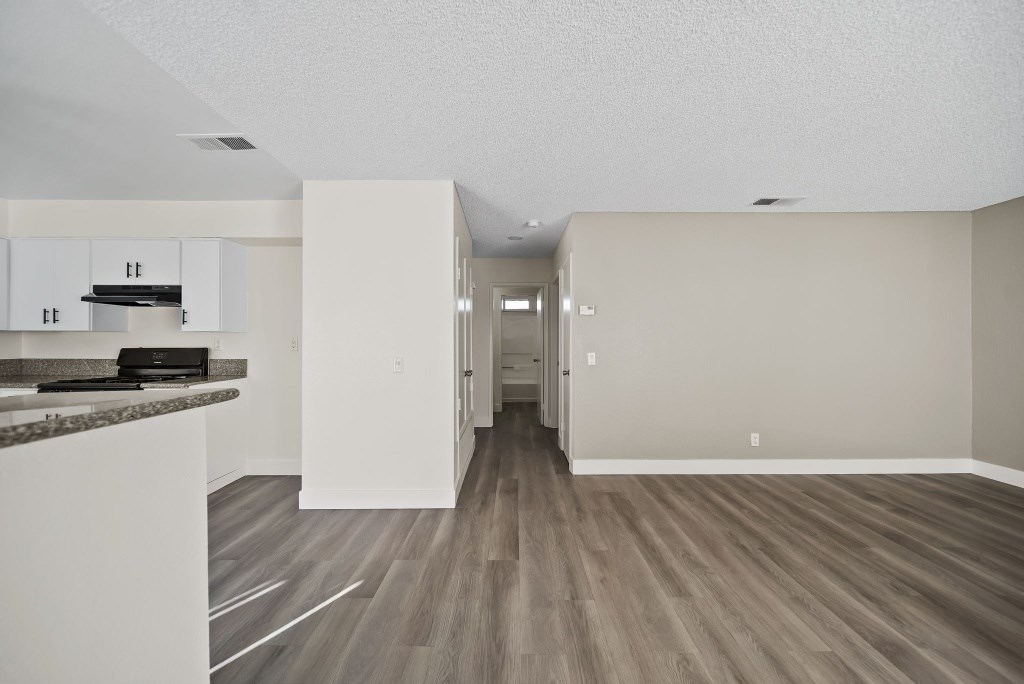 A room with a kitchen area and a hallway.
