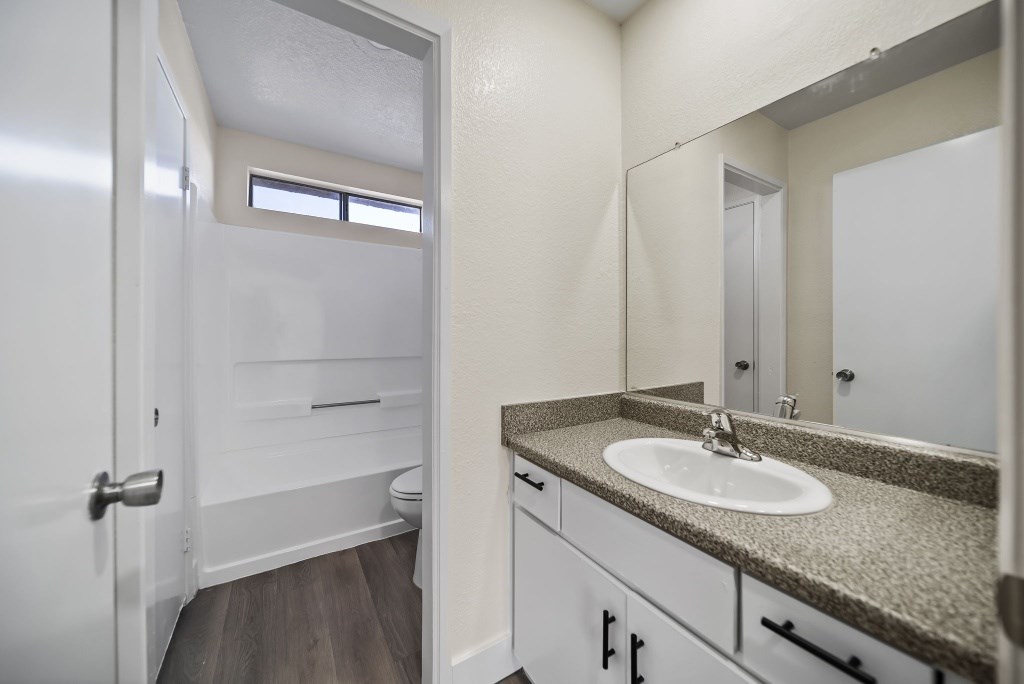 A bathroom with a sink, mirror, and toilet.
