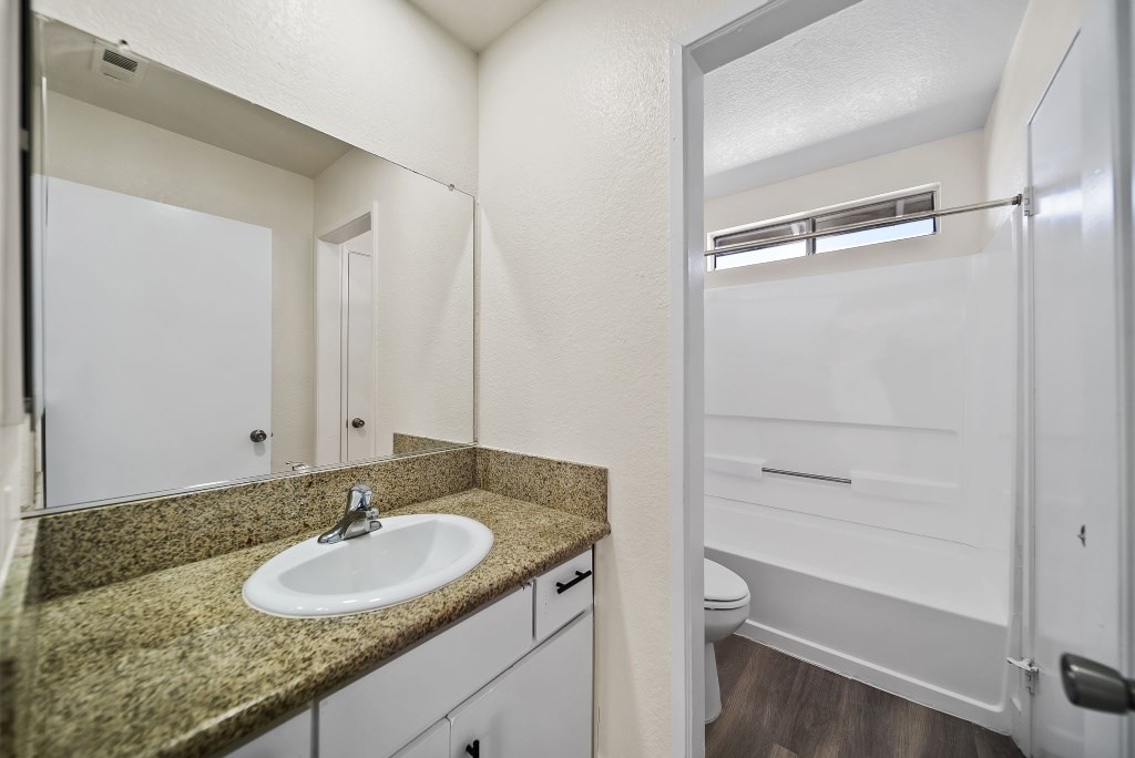 A bathroom with a sink, mirror, and toilet.