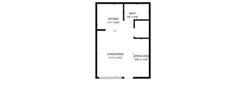 A floor plan of a room with a kitchen, living room, bathroom and dining area.