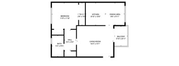 A floor plan of a house with a bedroom, kitchen, dining area, living room, bath, and hall.