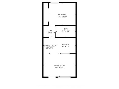A floor plan of a house with a living room, dining area, kitchen, bath, and bedroom.