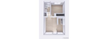 A white floor plan of a small apartment with a kitchen, living room, and bathroom.