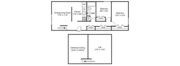 A floor plan of a house with a dining/living room, kitchen, two bathrooms, two bedrooms, a loft, and a cathedral ceiling.