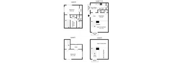 A set of four floor plans for a multi-level residential building.