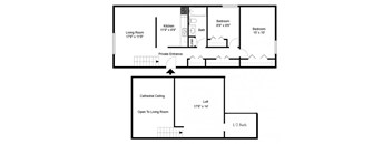 A floor plan of a house with a living room, two bedrooms, a bathroom, a kitchen, a loft, and an open ceiling.