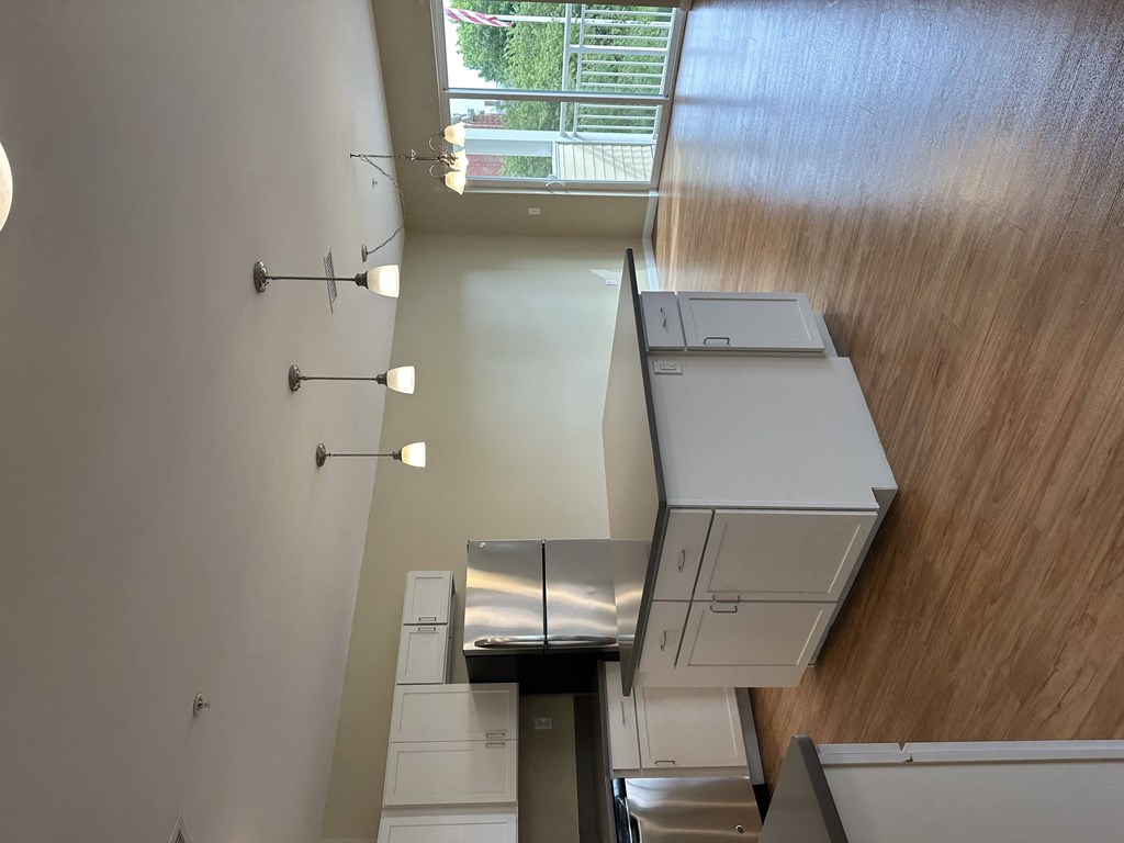 an overhead view of a kitchen with a counter top and a window