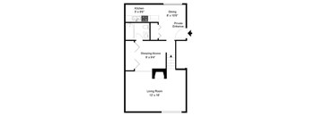 A floor plan of a small apartment with a kitchen, living room, and sleeping alcove.