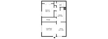 A floor plan of a small apartment with a living room, dining room, kitchen, bedroom, and bathroom.