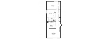 A floor plan of a house with a living room, two bedrooms, a bathroom, and a kitchen.