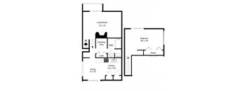 A floor plan of a small apartment with a living room, bedroom, kitchen, and dining area.