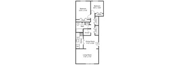 A floor plan of a house with a living room, two bedrooms, a dining room, a kitchen, a bathroom, and storage.
