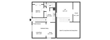 A floor plan of a house with a living room, dining room, kitchen, bedroom, bathroom, closet, and cathedral ceiling.