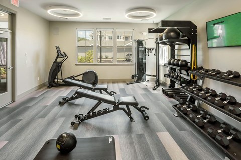 A gym with a row of dumbbells on the right and a row of exercise machines on the left.