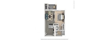 A floor plan of a small apartment with a kitchen, living room, and bathroom.
