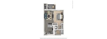 A floor plan of a small apartment with a kitchen, living room, and bathroom.