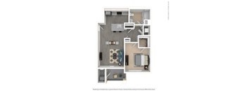 A floor plan of a small apartment with a kitchen, living room, and bathroom.