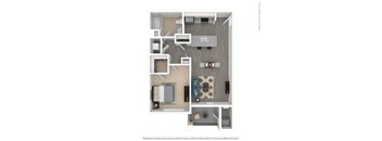 A floor plan of a small apartment with a kitchen, living room, and bathroom.