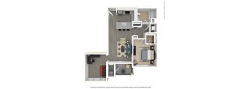 A floor plan of a small apartment with a kitchen, living room, and bathroom.