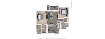 A floor plan of an apartment with a kitchen, living room, and two bedrooms.