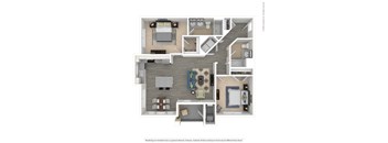 A floor plan of an apartment with a living room, kitchen, and bedrooms.