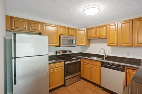 a kitchen with stainless steel appliances and wooden cabinets