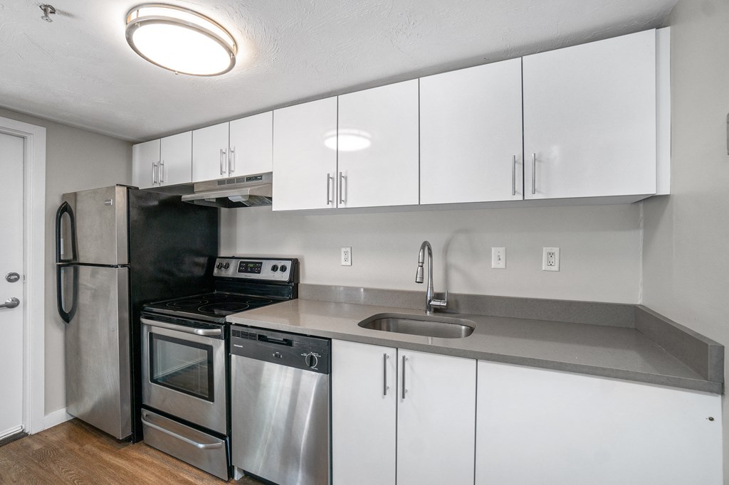Open Kitchen Island quartz white cabinets natural light spacious RISD Brown University Rhode Island State House  Downtown Providence Plank flooring dishwasher stainless steel appliances laundry  Tstop MBTA walkable