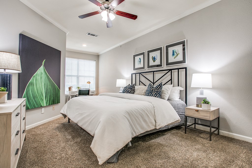 Bedroom Bedroom With Comfortable Bed and Ceiling Fan at The Atlantic Stone Oak Apartments, Texas, 78260