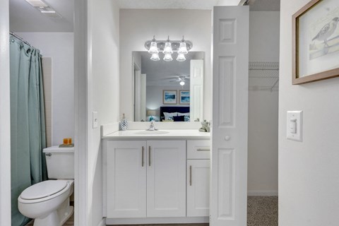 Vanity with closet and toilet at Boca Colony Apartments, Boca Raton, FL