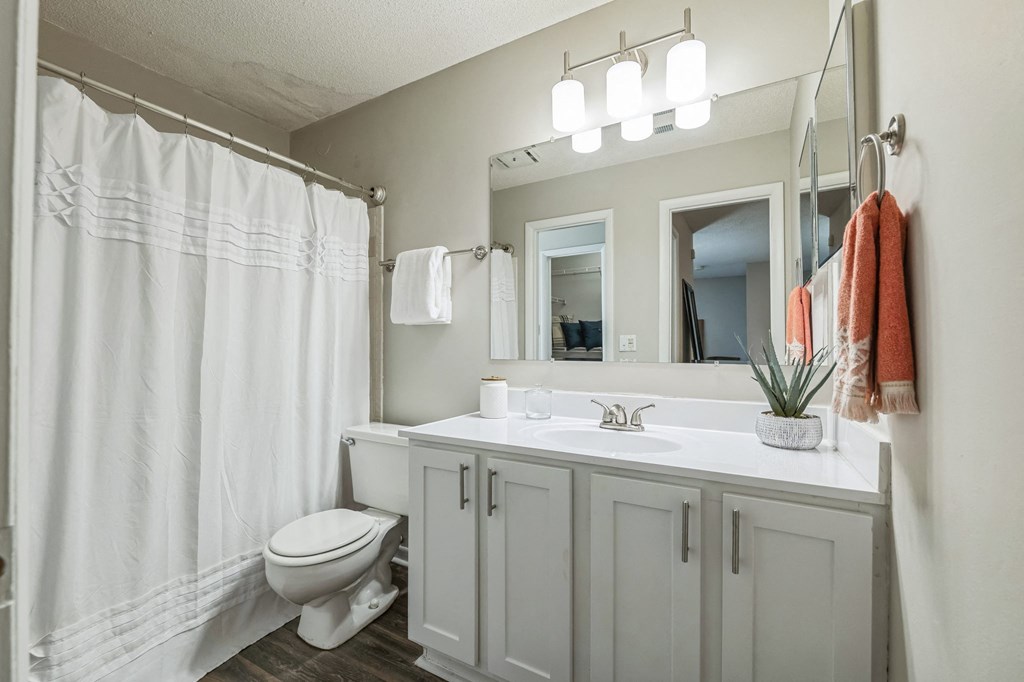 a bathroom with a shower and a sink and a toilet at Magnolia Terrace Apartments, Charlotte