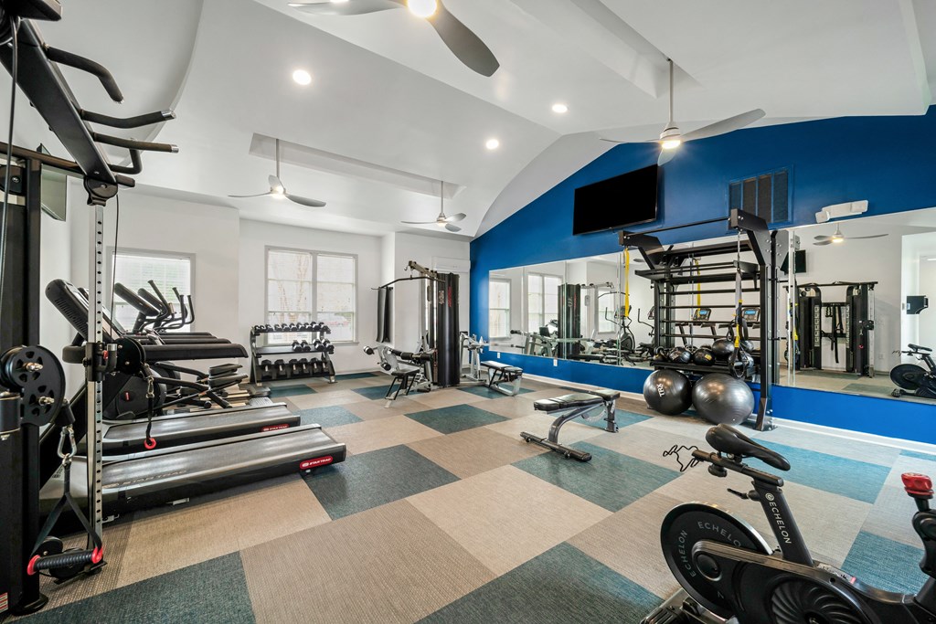 a gym with weights and other exercise equipment and a television