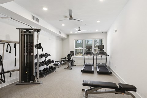 Gym with weights and dumbbells at Arcadia Decatur, Decatur, Georgia.