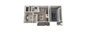 a 3d floor plan of a102 with a car and a bedroom