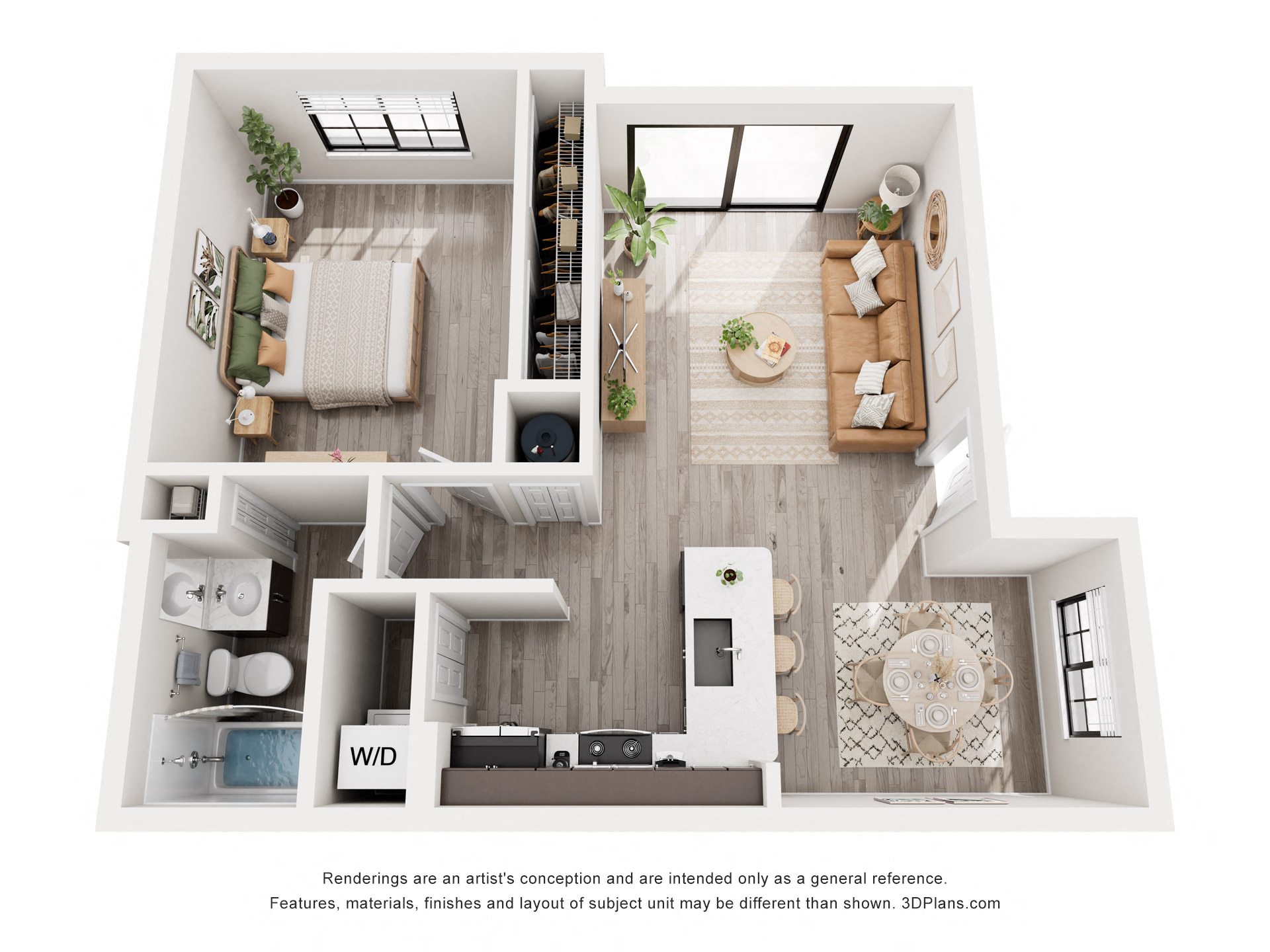 A 3D floor plan of a house with a living room, kitchen, and bathroom.