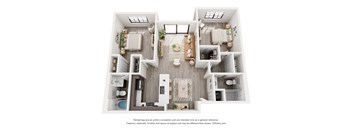 A 3D floor plan of a small apartment with a kitchen, living room, and two bedrooms.