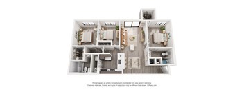 A 3D floor plan of a house with multiple rooms and furniture.