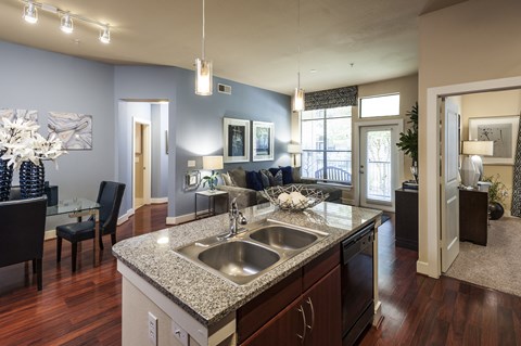 a kitchen and living room with a granite counter top and a sink